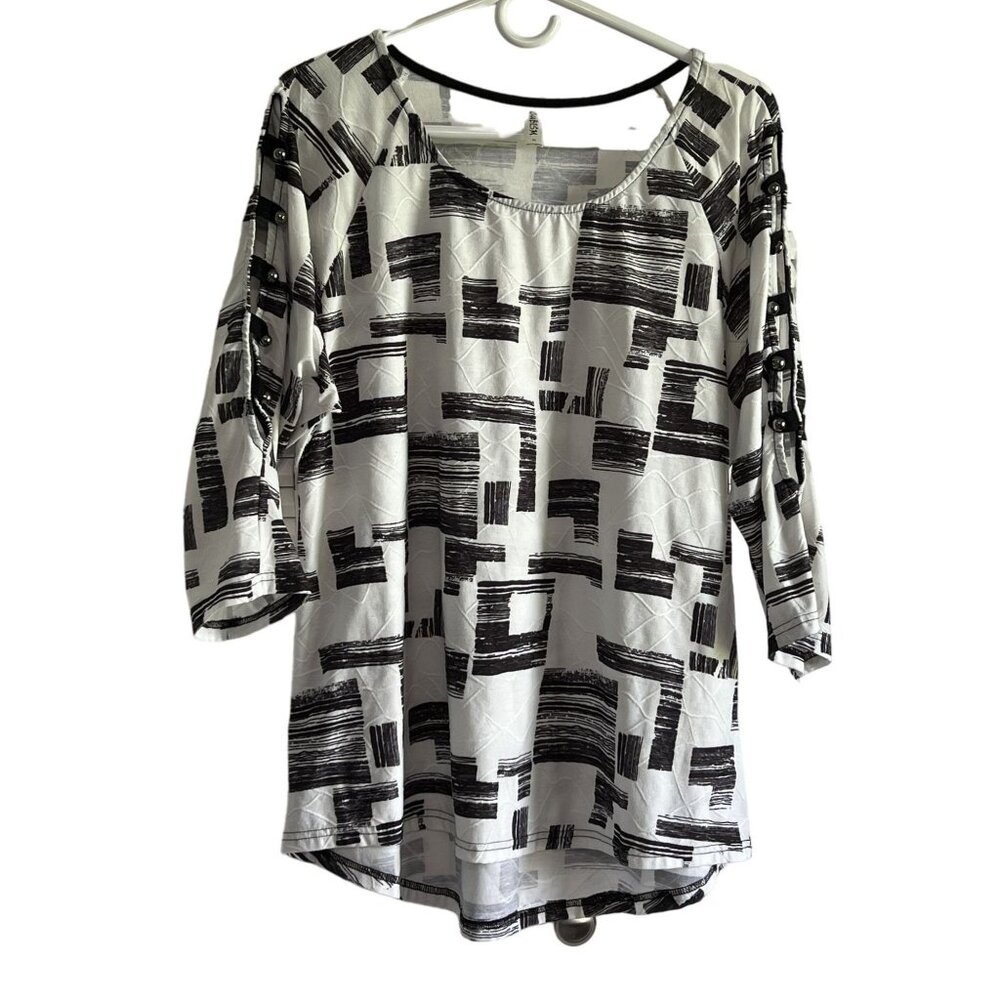 Cubism XL Womens Black White Abstract 3/4 Sleeve Tunic Top Open Sleeve Detail